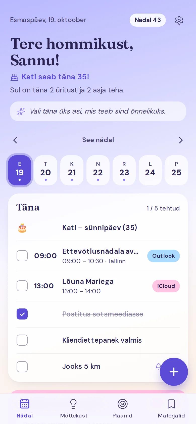 Nädala vaade: kalendri üritused ja to-do'd